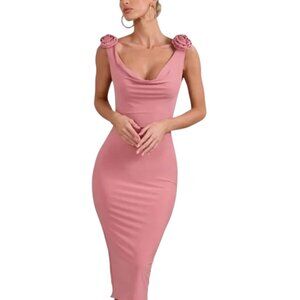 CLUB L London Pink Cowl-Neck Midi Dress With Floral Corsages